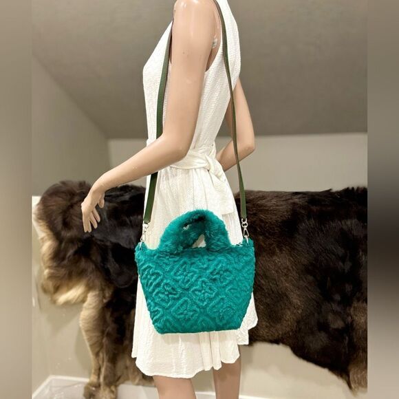 Turquoise Handmade Real Embossed Shearling Top Handle Bag, Fur Tote, Crossbody - Picture 6 of 14